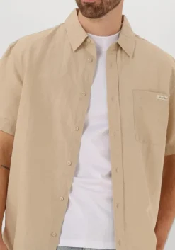 beige calvin klein casual overhemd linen cotton s/s shirt