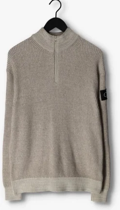 beige calvin klein trui badge plated half zip sweater