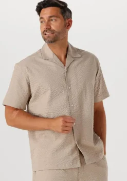 beige selected homme casual overhemd slhrelaxed-ace seersucker ss shirt