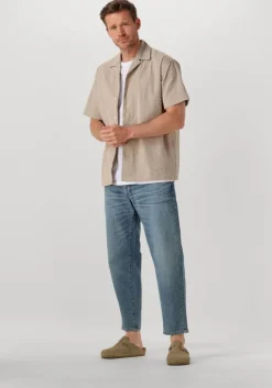 beige selected homme casual overhemd slhrelaxed-ace seersucker ss shirt