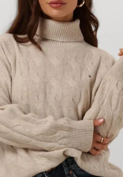 beige tommy hilfiger coltrui soft wool cable roll-nk sweater
