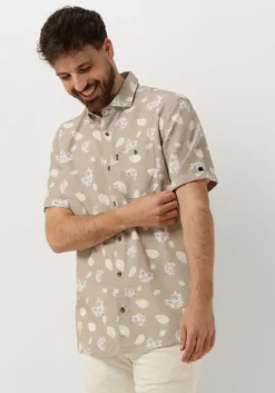 beige vanguard casual overhemd short sleeve shirt printed tencel cotton linen