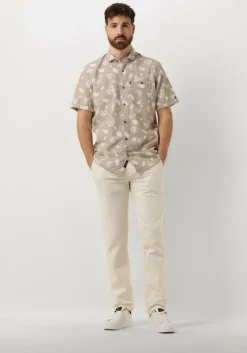 beige vanguard casual overhemd short sleeve shirt printed tencel cotton linen