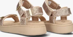 beige woden platte sandalen line glitter