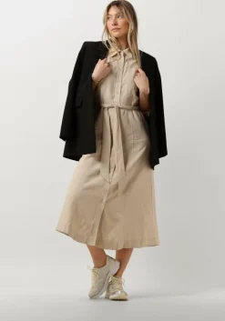 beige y.a.s. midi jurk yasflaxy 3/4 linen shirt dress