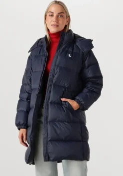 blauwe calvin klein gewatteerde jas essential midweight long puffer