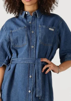 blauwe calvin klein mini jurk linen boxy belted shirt dress