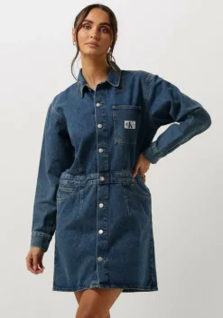 blauwe calvin klein mini jurk darted denim shirt dress