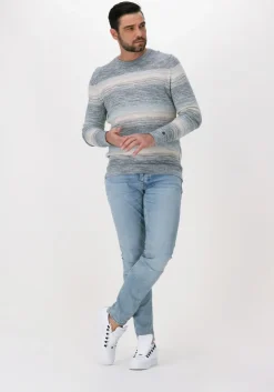 blauwe cast iron trui r-neck cotton slub stripe