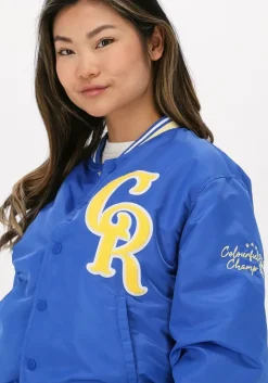 blauwe colourful rebel jack felicia patch satin bomber jacket