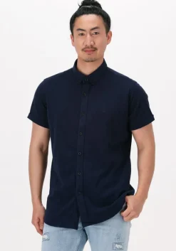 blauwe dstrezzed casual overhemd shirt button down s/s melange pique