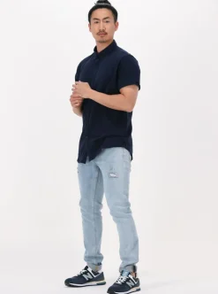 blauwe dstrezzed casual overhemd shirt button down s/s melange pique