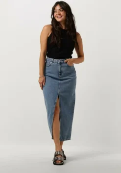 blauwe notre-v midirok denim maxi skirt