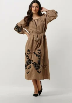 bruine summum midi jurk dress linnen heavy embroidery
