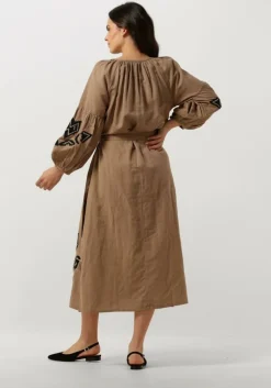 bruine summum midi jurk dress linnen heavy embroidery