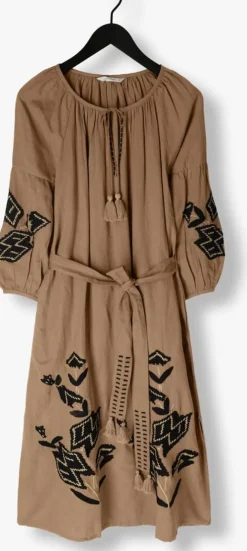bruine summum midi jurk dress linnen heavy embroidery