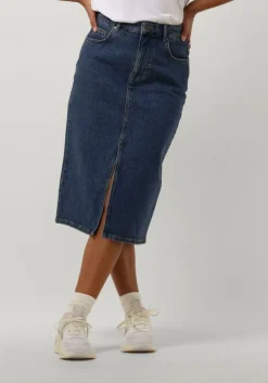 donkerblauwe object midirok objellen midi denim skirt