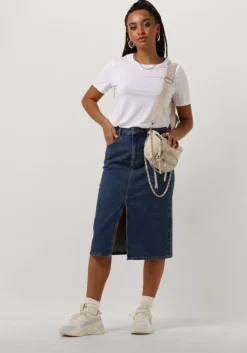 donkerblauwe object midirok objellen midi denim skirt