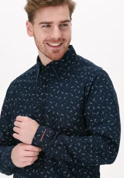 donkerblauwe scotch & soda casual overhemd slim fit printed poplin shirt