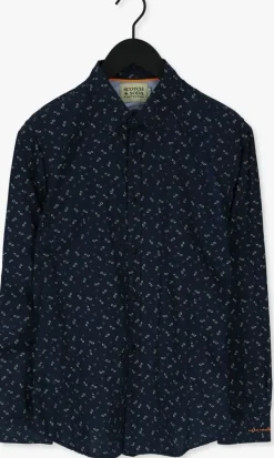 donkerblauwe scotch & soda casual overhemd slim fit printed poplin shirt