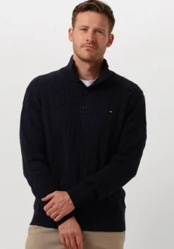 donkerblauwe tommy hilfiger trui classic cotton cable bttn mock