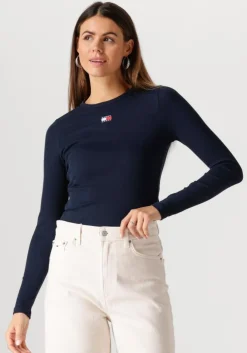 donkerblauwe tommy jeans tops & t-shirts tjw slim ls badge tee ext