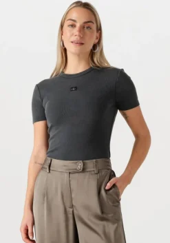 donkergrijze calvin klein t-shirt washed woven label rib fit tee