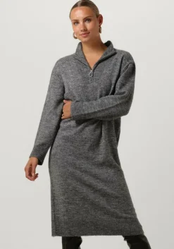 donkergrijze object midi jurk objminna l/s zip knit dress noos
