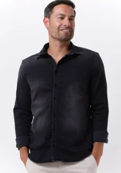 donkergrijze purewhite casual overhemd plain denim shirt with blue pearl buttons