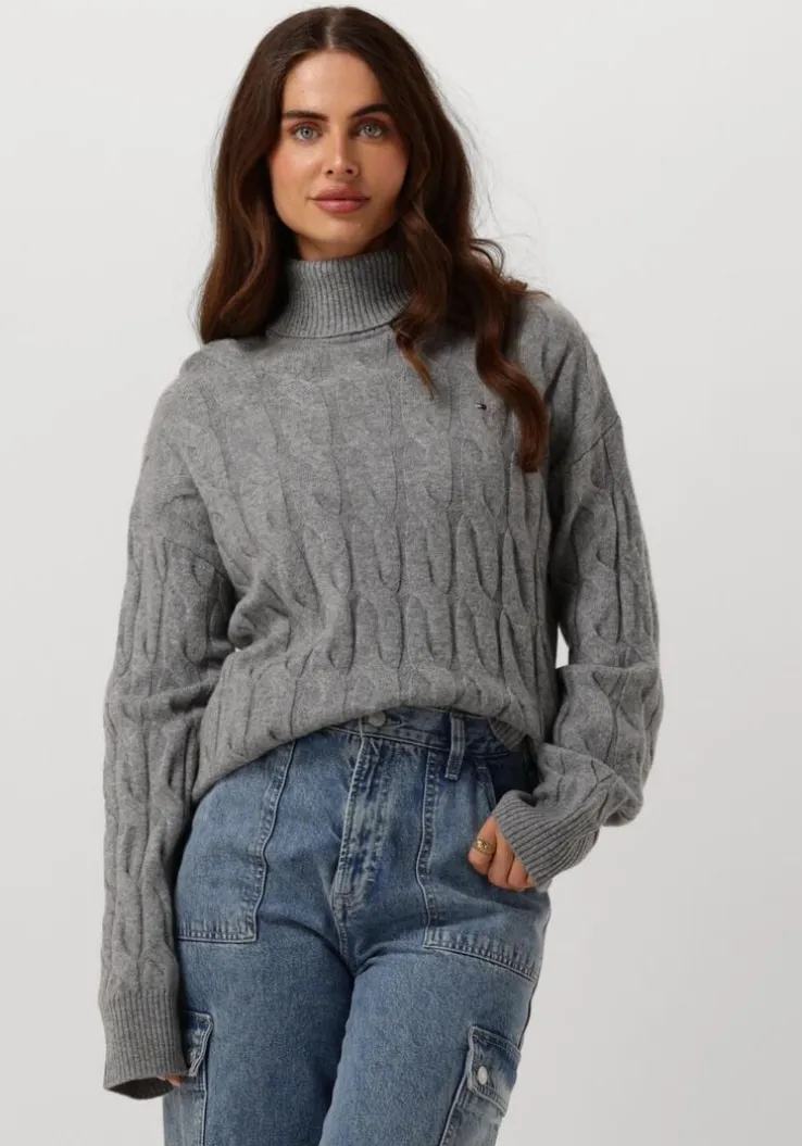 grijze tommy hilfiger coltrui soft wool cable roll-nk sweater