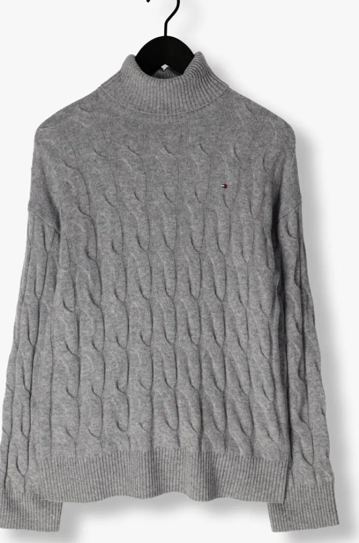 grijze tommy hilfiger coltrui soft wool cable roll-nk sweater