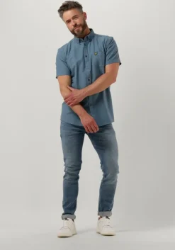 lichtblauwe lyle & scott casual overhemd cotton slub short sleeve shirt