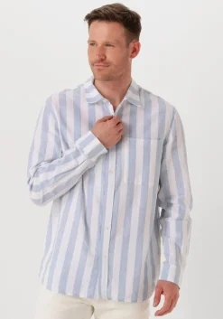 lichtblauwe scotch & soda casual overhemd yarn-dyed linen blend striped regular fit shirt