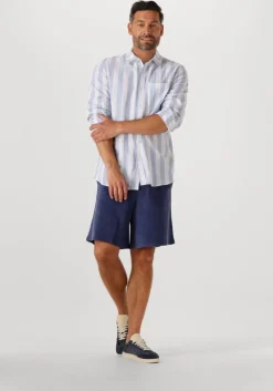 lichtblauwe scotch & soda casual overhemd yarn-dyed linen blend striped regular fit shirt