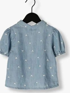 lichtblauwe your wishes blouses slub denim puff sleeve shirt