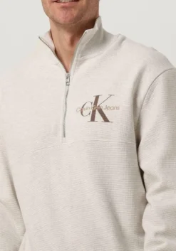 lichtgrijze calvin klein trui monologo waffle half zip hwk
