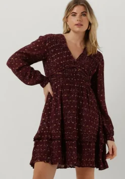 rode scotch & soda mini jurk long sleeved lurex jacquard ruffle dress with v-neck
