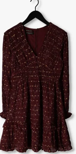 rode scotch & soda mini jurk long sleeved lurex jacquard ruffle dress with v-neck