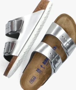 zilveren birkenstock slippers arizona met shine