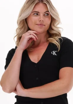 zwarte calvin klein midi jurk ck button through rib long dress