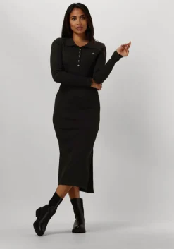 zwarte calvin klein midi jurk woven label rib polo ls dress