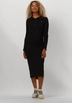 zwarte calvin klein midi jurk woven label rib polo ls dress