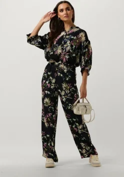 zwarte scotch & soda wijde broek gia - mid rise wide leg printed silky trousers