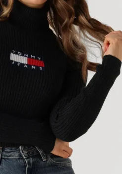 zwarte tommy jeans coltrui tjw melange trtlnck flag sweater